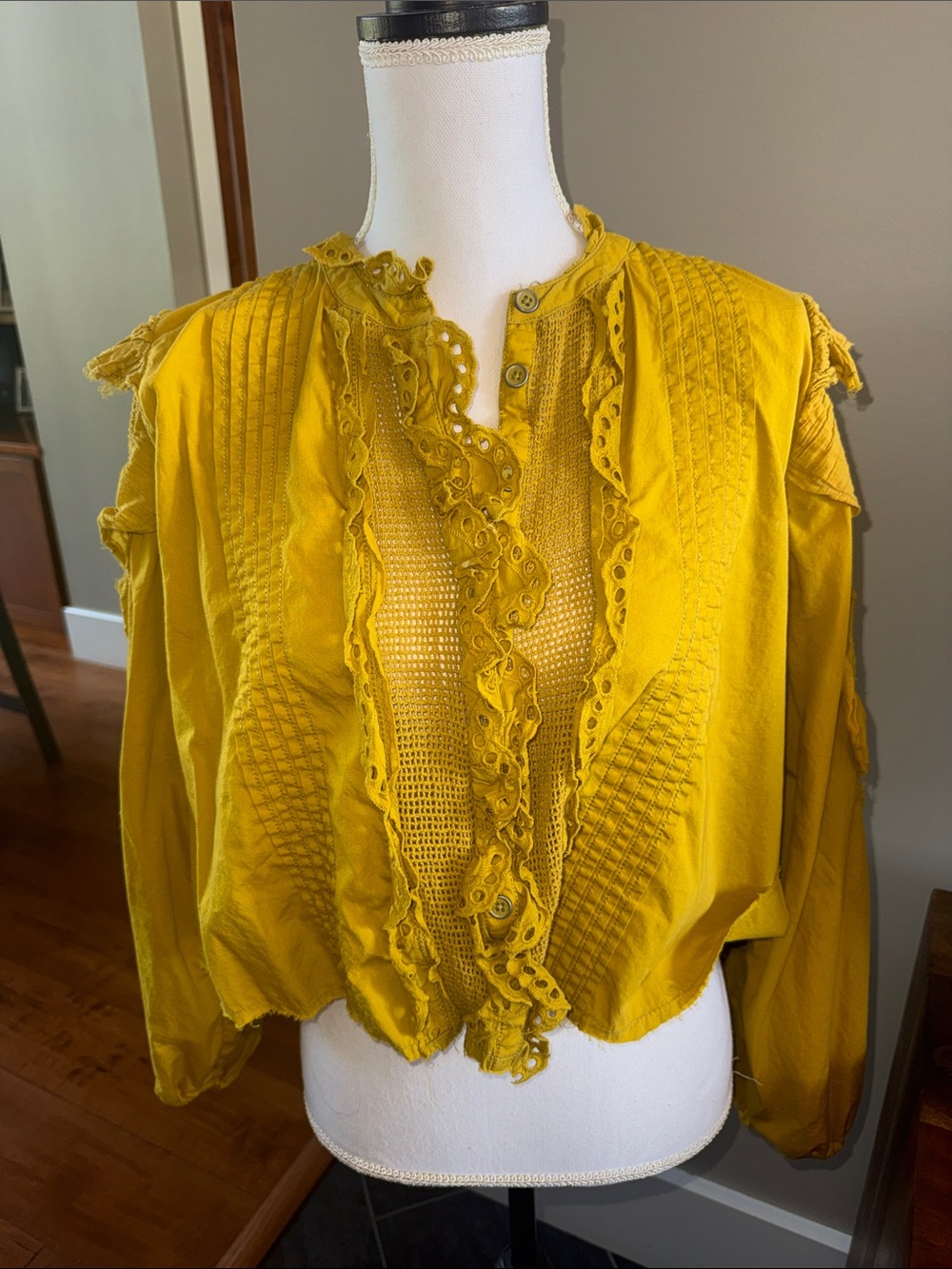 Free People We The Free Mustard Yellow Lace Ruffle Boho Blouse Medium